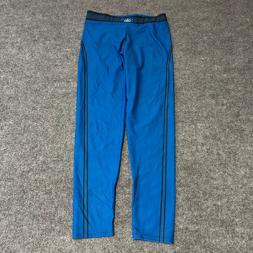 Alo Yoga Leggings Womens Size L Blue Black Stripe Athletic Activewear Excellent